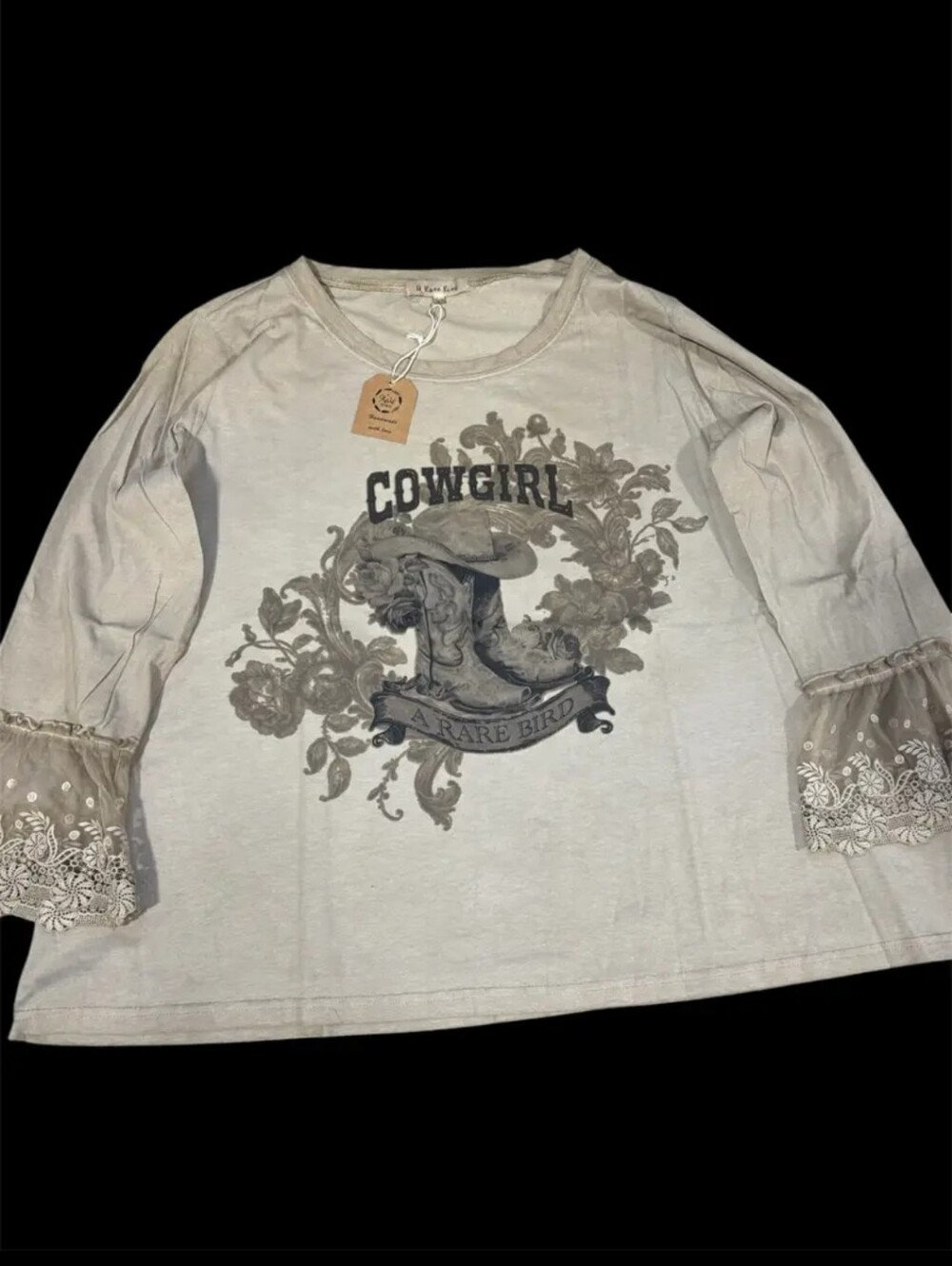 A RARE BIRD Boho Cowgirl Lace-Sleeve Long Sleeve Tee - Taupe